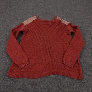 Hinge Sweater Womens Medium Red‎ Cable Knit Faux Suede Shoulder Pullover
